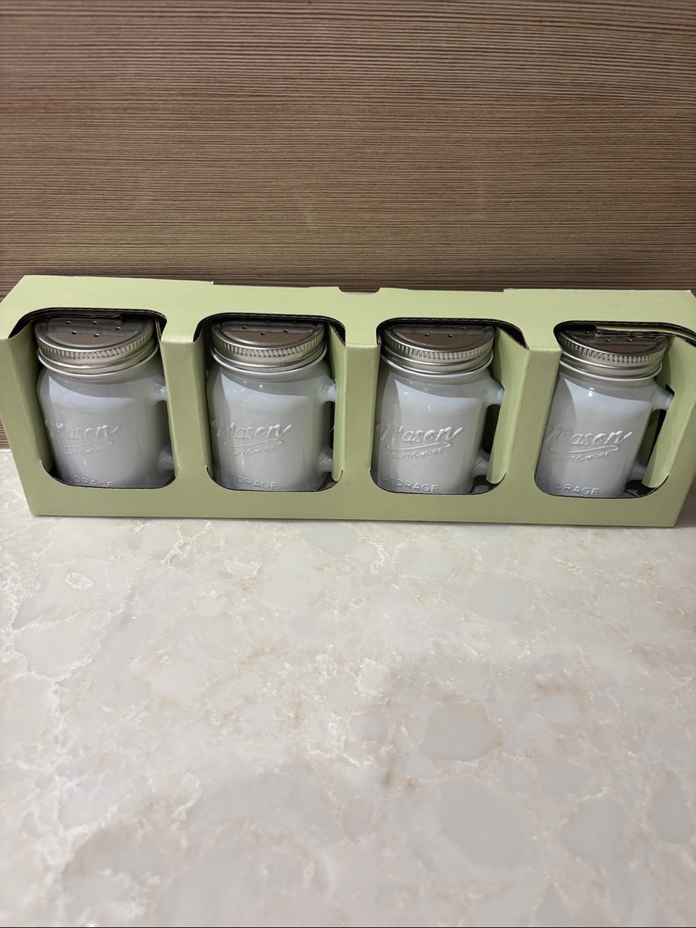 NIB Set of Four 4oz white milky glass Mason Craft & More Spice Jars